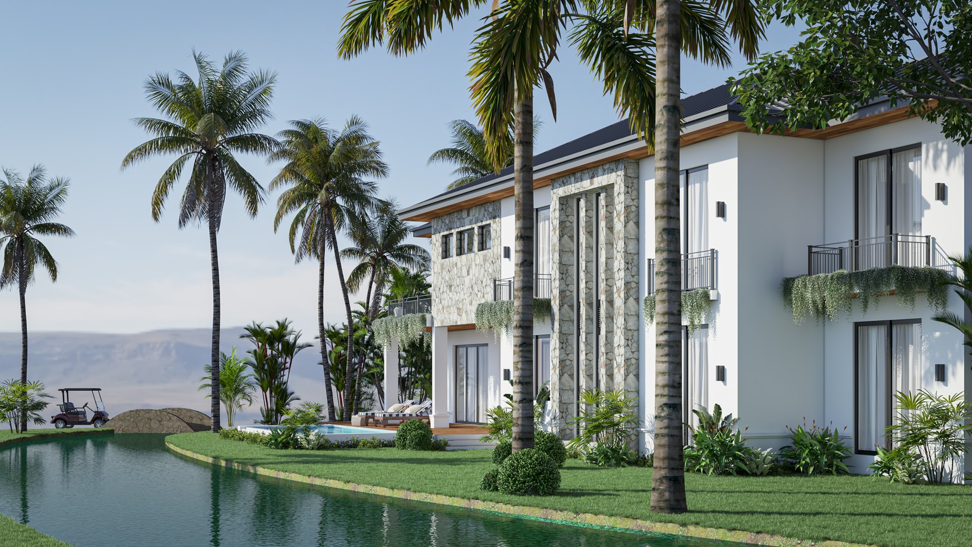 Visualización de residencia con palmeras junto al agua